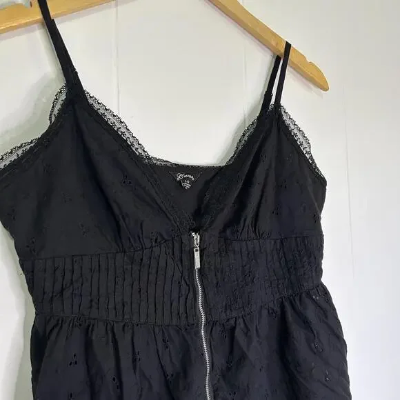 Guess Black Lace Trim Embroidered Spaghetti Strap Zip Up Tank Top Women's Large - Picture 2 of 5